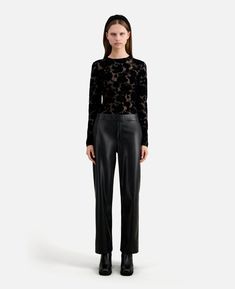 black leather effect trousers Luxury Black Leather Trousers, Luxury Leather Trousers With Five Pockets, Luxury Leather Trousers For Workwear, Luxury Stretch Leather Trousers, Pear Body, The Kooples, Modern Outfits, Back Patch, Edgy Fashion