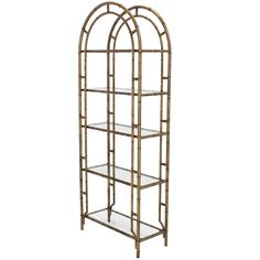 a tall metal shelf with glass shelves on each side and an arched design at the top