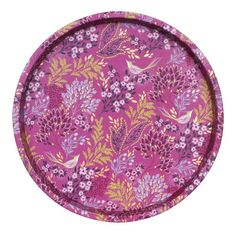 a pink paper plate with flowers and birds on it