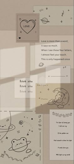 a bunch of paper with some drawings on it's sides and the words i love you written in different languages