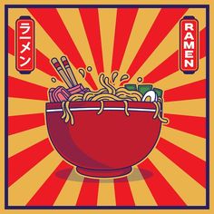 a bowl of ramen with chopsticks in it on a red and yellow background