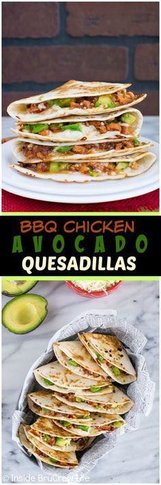 quesadillas are stacked on top of each other with the words,'bbq chicken quesadillas '