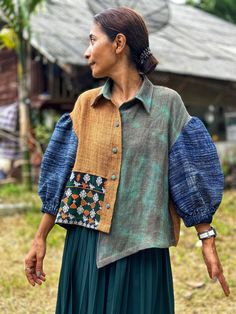 Hemp Patchwork Jacket Shirt Top With Puff Sleeves. Color Block Loose Fit Asymmetrical Tunic Top. Hill Tribe Fabric With Indigo Batik Design - Etsy Patchwork Button Up, Jacket Design Ideas, Boho Fabrics, Bohemian Fashion Style, Embellished Jackets, Batik Ideas, Ropa Upcycling, Batik Top, Jacket Patchwork