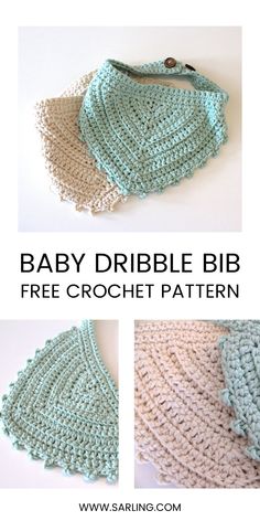 the crocheted baby bib is shown in three different colors