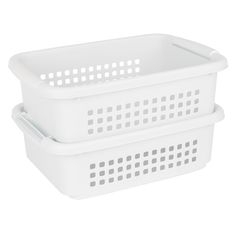 two white plastic storage baskets with handles