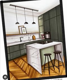 a drawing of a kitchen with an island and stools in the center, surrounded by wood flooring