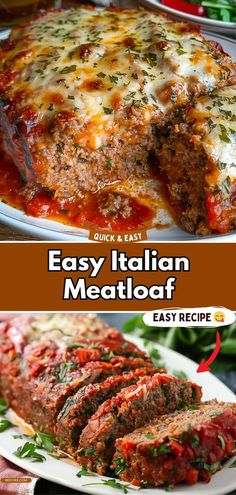 an easy italian meatloaf recipe on a plate with the title in the middle