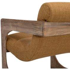 a close up of a wooden chair with fabric on the back and armrests