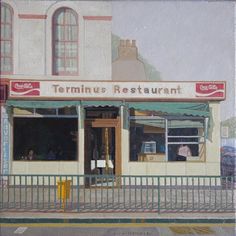 an oil painting of a restaurant on the street