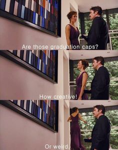 two people standing next to each other in front of bookshelves with text that reads, are those graduation caps? how creative? or weird?