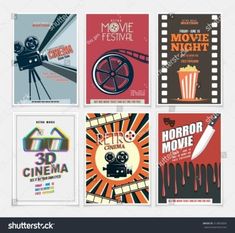 vintage movie poster templates with film reel, clapstick and popcorn box on white background