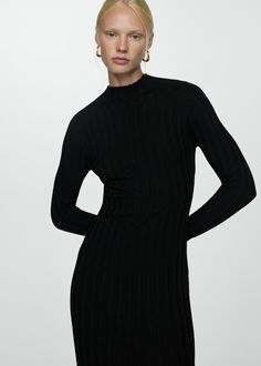 Perkins-neck ribbed dress - Woman | MANGO USA Chic Ribbed High Neck Mini Dress, Chic Ribbed Mini Dress With High Neck, Chic Ribbed High-neck Mini Dress, Chic High Neck Ribbed Mini Dress, Spring Ribbed Turtleneck Dress, Ribbed Knit Turtleneck Dresses, Stretch Ribbed High Neck Sweater Dress, Chic Knit Sweater Dress With Ribbed Neckline, Chic Ribbed Knit Midi Dress