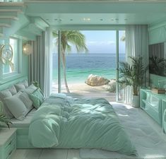 a bedroom with an ocean view is shown