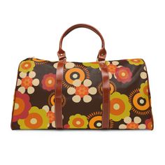 Flower Power Groovy Travel Bag, Weekender, Hipster Mod Daisy, Brown, Orange, Green, Hippie, 70's Style, Waterproof Travel Bag This personalized travel bag is all about style. Made with high-grade waterproof fabric, it's a highly durable means of transferring your essentials wherever you go. With multiple compartments, a resilient carrying handle, and an adjustable shoulder strap, it's the perfect companion for all your adventures. It's about time to hit the road. Travel in style. This bag also m Brown Large Capacity Bag For Weekend, Retro Bags With Luggage Sleeve For Daily Use, Retro Green Bags, Yellow Rectangular Bag For Trip, Retro Travel Bag With Large Capacity, Retro Rectangular Duffle Bag For Everyday Use, Retro Rectangular Travel Bag For Trips, Retro Rectangular Bags For Weekend, Brown Weekender Bag For Trip