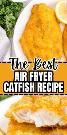 the best air fryer catfish recipe on a white plate with lemon wedges and parsley