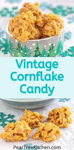 homemade cornflake candy in a bowl with the words vintage cornflake candy