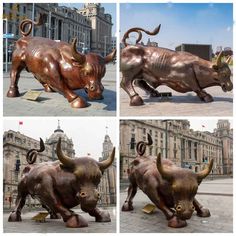 four pictures of bulls in different positions on the street