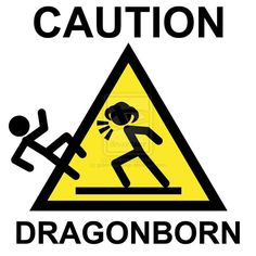 a caution sign with the words dragonborn and an image of a man holding a woman's head