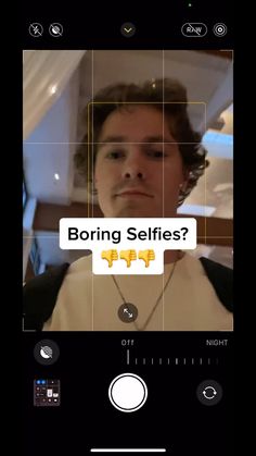 a woman looking at her self in the mirror with text that reads boring selfies?