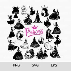 princess svg files for silhouettes and cut outs with the words princess on them