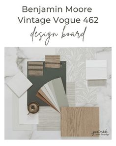 the front cover of an interior design board with different colors and materials on it, including wood