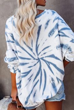 Sky Blue Relaxed Tie-dye Pullover Sweatshirt Diy Tie Dye Sweatshirt, Diy Tie Dye Designs, Women Tie, Dye Sweatshirt, Elegant Party Dresses, White Dress Party, Tie Dye Sweatshirt, Off Shoulder Top, Long Sleeve Sweatshirt