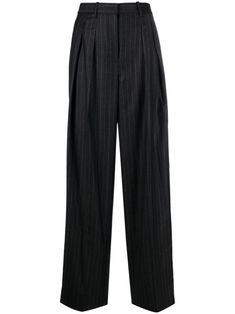 dark grey virgin wool pinstripe print high-waisted belt loops concealed front fastening two rear jetted pockets straight leg straight hem Wool Trousers, Grey Women, Crepe Fabric, Wide Leg Trousers, Woman Colour, High Waisted Pants, Bottoms Pants, Wide Leg Pants, Black Pants