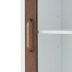 an open door with a wooden handle on the front and side shelves in the back