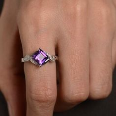 Amethyst Ring Silver Natural Square Cut Purple Gemstone | Etsy Rectangular Purple Amethyst Ring For Anniversary, Rectangular Amethyst Ring For Anniversary, Square Cut Amethyst Ring For Anniversary, Purple Amethyst Ring With Accent Stones, Rectangular Shape, Rectangular Purple Amethyst Ring With Accent Stones, Purple Emerald Cut Birthstone Ring Gift, Purple Square Cut Jewelry For Gifts, Purple Amethyst Ring With Rectangular Stone For Anniversary, Amethyst Ring With Rectangular Purple Stone For Anniversary