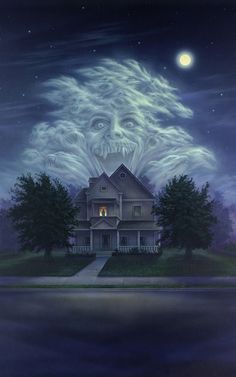 a painting of a house with an evil face on it's roof and the moon in the sky