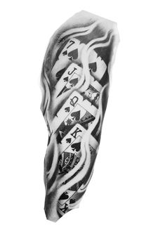 a black and white photo of an arm sleeve with playing cards on the inside of it