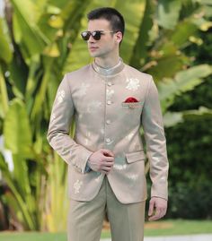 Buy online Peach Bandgala suit in Satin Finish fabric. This jodhpuri suit is a must have for engagements. parties & wedding functions. $bandhgala #menswear #groomwear #haldi #mehndi Groom Wear, Gold Foil Print, Fashion Suits, Mens Fashion Suits, Double Breasted Suit Jacket, Satin Finish, Ronaldo