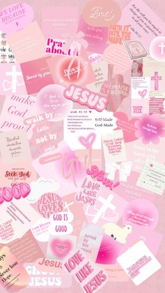 a collage of pink and white paper with different types of words on it, including the word jesus