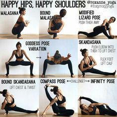 a woman doing yoga poses with the words happy hips, happy shoulders and maasasana