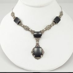 Ornate Marcasite And Onyx Pendant Drop Necklace In Sterling Silver. 18” Chain In Excellent Used Condition Purchased By Me At An Online Site And Stored Carefully In A Smoke Free Home. I’m Including A Screenshot Of The Description From When I Originally Purchased It Several Years Ago. I Am Not A Professional Jeweler And Cannot Verify. Purchased For My Personal Use And Never Worn By Me. Sterling Silver Necklace For Evening, Formal Sterling Silver Jeweled Necklaces, Sterling Silver Jeweled Necklace For Formal Occasions, Formal Sterling Silver Jeweled Necklace, Classic Sterling Silver Necklaces For Evening, Formal Sterling Silver Necklaces With Jewels, Formal Sterling Silver Necklace With Jewels, Silver Pendant Necklace For Formal Occasions, Sterling Silver Jewelry With Silver Chain For Evening