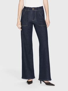 MODERN POCKET JEAN RINSE Dark Wash Wide Leg Pants For Work, Dark Wash Relaxed Fit Flare Jeans For Work, Relaxed Fit Dark Wash Flare Jeans For Work, Modern Denim Wide Leg Pants For Fall, Modern Jeans With Pockets For Business Casual, Modern Jeans For Business Casual, Modern Business Casual Jeans With Pockets, Wide-leg Denim Jeans For Work, Modern Business Casual Jeans