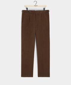 Italian Brushed Cotton Side Tab Trouser in Brown Tailored Brown Pants With Straight Hem, Brown Tailored Pants With Straight Hem, Classic Brown Straight Bottoms, Classic Brown Pants With Straight Hem, Classic Brown Straight Hem Pants, Brown Straight Leg Chinos With Welt Pockets, Brown Straight Pants For Workwear, Brown Straight Hem Pants With Five Pockets, Brown Pants With Five Pockets Straight Hem