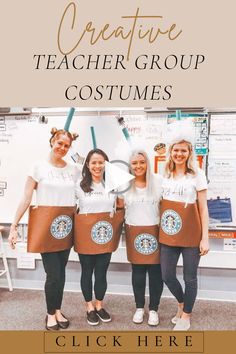 three girls wearing starbucks costumes with the title creative teacher's group costumes click here