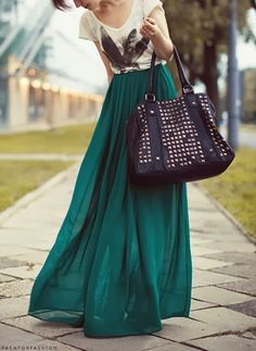 I love everything about this <3 flowy maxi skirt, studded handbag and printed tee <3 Emerald Skirt, Green Maxi Skirt, Chiffon Maxi Skirt, Green Maxi, Midi Skirts, Hottest Fashion Trends