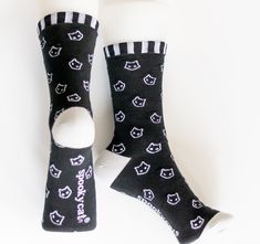 Rock your goth style in these Spooky Cat socks. They're simply purrfect with a touch of black and white stripes. Thick, Stretchy, Soft & oh so Comfy, you'll live (or die) in your new Creepmas-ready socks. Fiber Content: 80% cotton, 15% poly and 5% spandex ONE SIZE - Unisex Fits Adult 5-11 Jacquard Woven Sock Machine wash cold with like colors. DO NOT BLEACH Designed in Orlando and imported from China Art by Sandi Horan Goth Socks, New Goth, Live Or Die, Spooky Cat, Goth Style, Cat Socks, China Art, Alt Fashion, Black And White Stripes