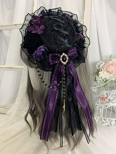 Flat Hat Diameter: 17cm.  Flat Hat+Lace Trim Diameter: 20cm  Attention: This price includes a mini hat only, others are not included. Dark Purple Accessories, Gothic Aesthetic Outfit, Victorian Gloves, Purple Goth, Magical Girl Outfit, Purple Gothic, Victorian Accessories, Flat Hat, Grunge Accessories