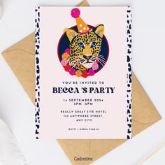 a birthday party card with an image of a leopard wearing a party hat on it's head