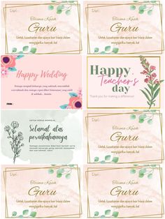 wedding cards with flowers on them and the words happy teacher's day written in different languages