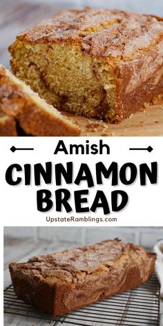 cinnamon bread on a cooling rack with the words, amish cinnamon bread above it