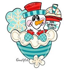 a snowman in a blue striped hat and scarf holding a cup with hot cocoa on it