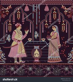 seamless embroidered design , indian motif. Man and woman. Ethnic style. Indian color miniature. Decorative seamless pattern, embroidered illustration Daaman Designs, Embroidered Illustration, Peacock Sketch, Indian Motif, Ajrakh Prints, Flower Drawing Design, Print Design Art, Textile Prints Design