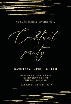 a black and gold cocktail party card with the words cocktail party written in gold on it