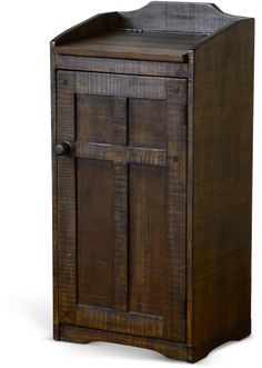 a wooden cabinet with two doors and one drawer on the front, against a white background