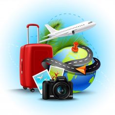 a camera and some travel items on a blue background with an airplane in the sky