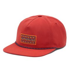 This vintage-inspired heritage rope hat features a slightly taller front panel, a woven Cotopaxi patch, and great coverage for sunnier days. | Cotopaxi Steps to the Sun Heritage Rope Hat in Magma Fishing Nets, Webbing Strap, Making Waves, Profile Design, Retro Inspired, Sunny Days, Sunnies, The Sun, Vintage Inspired